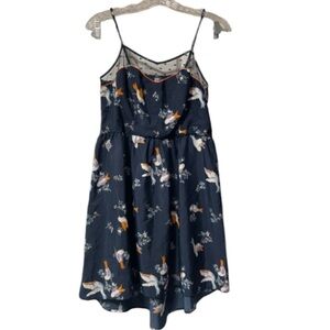 XHILARAYION Juniors Navy Blue Dress with Birds/Glowers Spaghetti Straps Medium